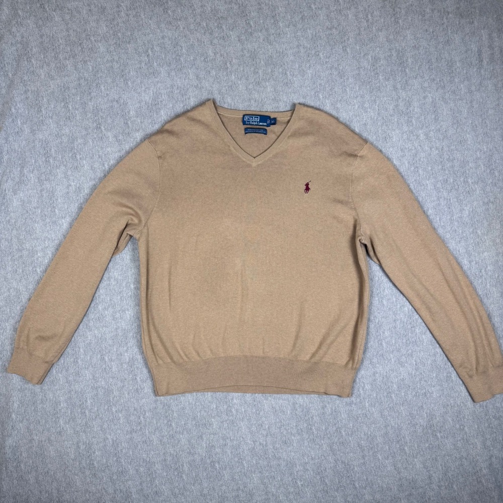 POLO RALPH LAUREN XL Tan V-neck Sweater 100% Pima Cotton Camel